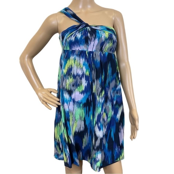 Ann Taylor LOFT One-shoulder Dress - Size 0 - Blue/Green/Black Design - Picture 1 of 5